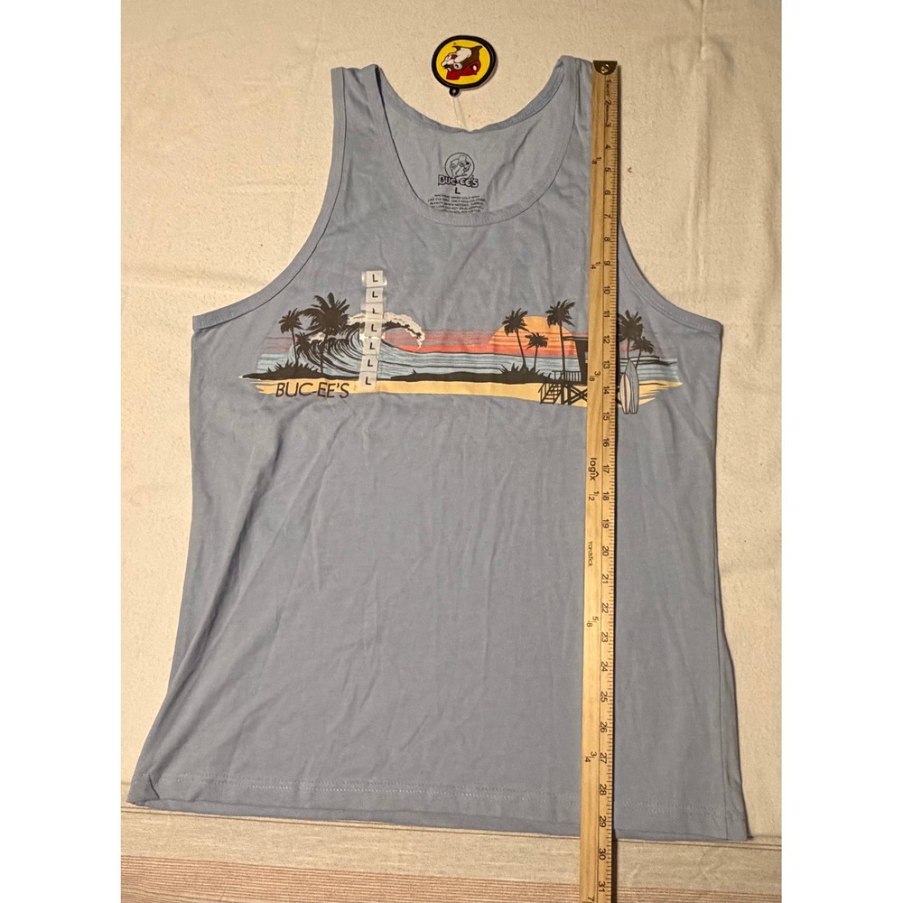 Buc-ee's Womens Graphic Tank Top Light Blue Beach Sunset Palm Trees Large NWT - Picture 3 of 6